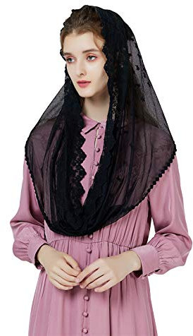 BEAUTELICATE Mantilla Katholisch Damen Schleier Spitze Schal Stola Kopftuch Schwarz Weiß für Hochzeit Messe Kirche Kapelle Brautschleier V111 (Schwarz, Einheitsgröße)