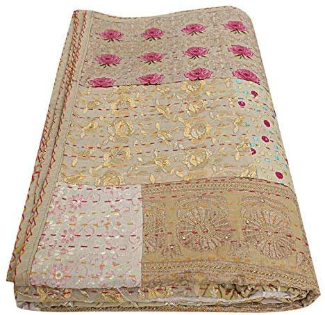 Handmade Print Hand Jari Patchwork King/Twin Size Broderie Quilt Home Decor Khambhaliya Quilt Couvre-lit Couverture Indienne Coverlet Art (Beige, 60 x 90)