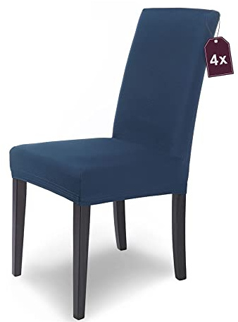 Scheffler Home Premium Stuhlhusse Mia Blau 4er Set Stretch Husse für Schwingstühle Waschbarer Microfaser Bezug mit blickdichter Struktur als stilvoller Stuhlüberzug – Öko-Tex Zertifiziert | Blickdichte Microfaser-Stuhlbezüge, waschbar und pflegeleicht, für Freischwinger und Esszimmerstühle, Öko-Tex zertifiziert