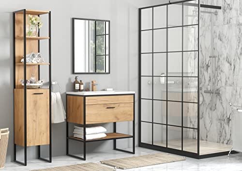 PIASKI Conjunto de Muebles de baño Brooklin II, Mueble de Lavabo 80 cm, Mueble para Lavabo con Patas, Lavabo Empotrado, Estilo Industrial, Loft, Color Roble/Negro (Sin Lavabo)