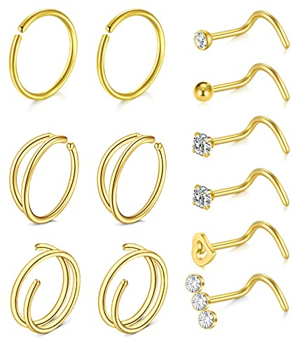 WillTen 20G Nose Stud Spiral Guld Diamant CZ Näsa Ring Piercing Dam Kirurgiskt Stål Näsa Ring Nostril Dubbel Smycken Piercing, 20G, Stendiamant