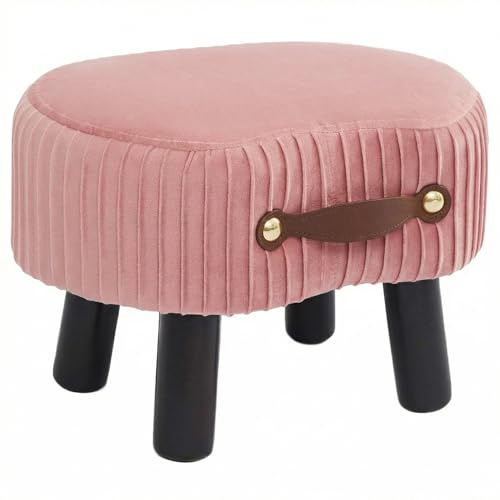 Leesingdo Small Footstool with Handle, Velvet Ottoman Foot Rest with Padded Seat, Curved Foot Stool with Wooden Legs, Portable Foot Rest for Living Room, Bedroom, Entryway, Pink