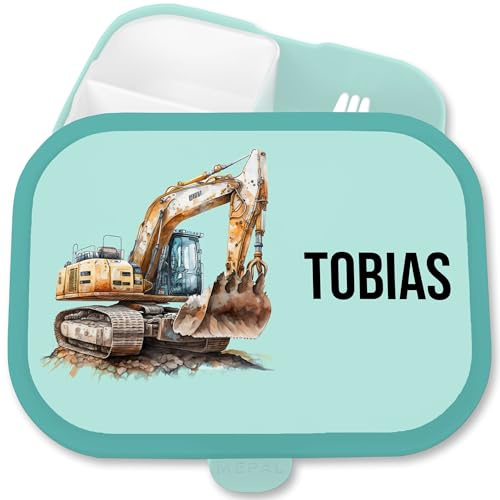 Brotdose Kinder Campus für Mepal - Bagger Baufahrzeug Baustelle Baustellenfahrzeug - 750 ml - Türkis - geschenke kindergarten baustellenfahrzeuge name vesperbox jausenbox junge baufahrzeuge digger