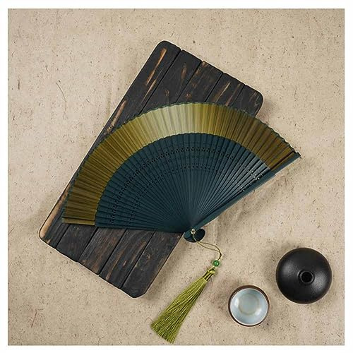 SHTGOI Seide Faltfächer Bambus Handfächer Chinesischer Vintage Stil taschenfächer Hohlem Bambus Skelettfächer Handheld Fan mit Quasten für Party Hochzeit Geschenk 21cm Grüner Farbverlauf 15#