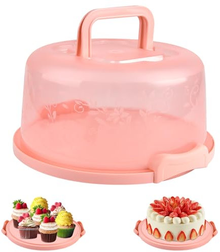 Akamino 10 Inch Cake Carrier, Clear Plastic Cake Containers with Collapsible Handle and Lid, Portable Round Cake Box Cake Tin Storage for Pies Cupcake Muffins Party, Pink