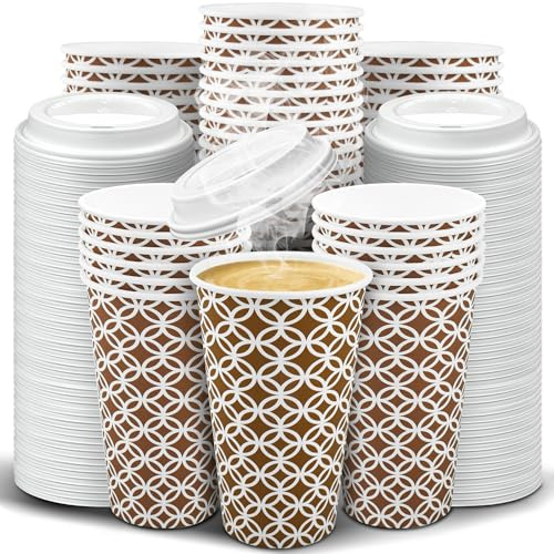 Ginkgo 100 Pack Disposable To Go Coffee Cups with Lids 16 oz, Brown Minimalist Pattern Paper Hot CoCoa Cups Suitable for Travel, Party, Shops Cafes