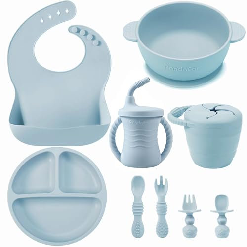 PandaEar Juego de alimentación de silicona para bebés, suministros de destete LED, utensilios de autoalimentación, plato de succión dividido y babero