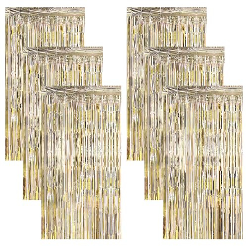 ZOCONE 6 Stück Lametta Vorhang Champagner Glitzer Party Vorhang 1m x 2m Glitzervorhang, Luftschlangen Fransen Geburtstag Dekoration für Weihnachts Halloween Dekoration