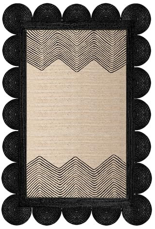 Kelim-Teppich für drinnen und draußen, gewellt, 6,3 x 61 cm, Schwarz / Beige, Jakobsmuschel-Juteteppich, indische Primium-Qualität, natürliche Jute-Teppich, Flachgewebe, Teppiche für Flur,