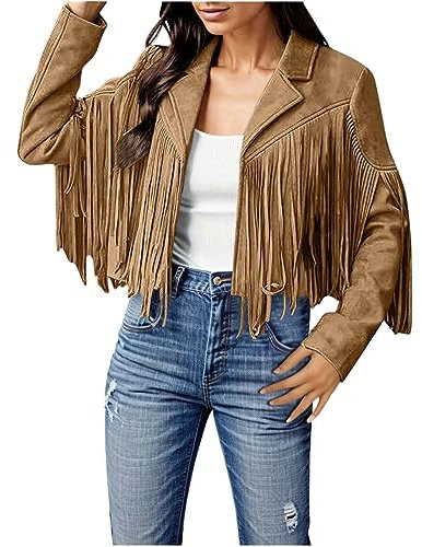 Damen Trachten Cowgirls Western Wildleder Lederjacke mit Fransen Indianer Mantel mit Perlen