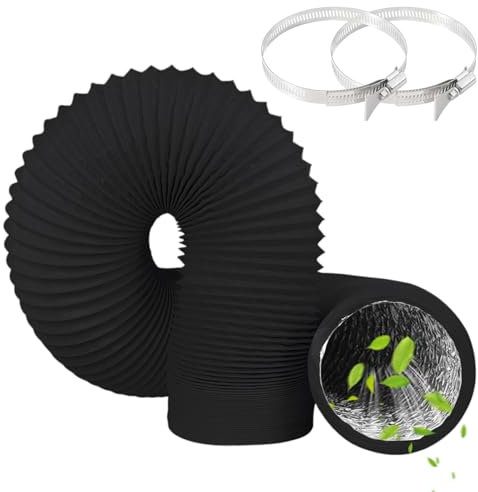Tumble Dryer Vent Hose 4Inch 10FT (3m) Long Flexible Aluminum Air Ducting 100mm PVC Black Air Duct Pipe with 2 Clamps for Tumble Drier, Air Conditioner, HVAC Ventilation, Cooker Hood, Extractor Fan