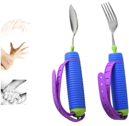 Juego De Cubiertos Adaptables Para Ancianos Y Discapacitados - Tenedor Y Cuchara Giratorios De 360° Con Correa De Silicona Ajustable Y Mango Antideslizante - Utensilios Con Peso