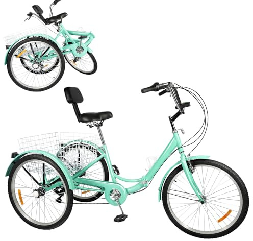 OUKANING Trehjuling för vuxna 24 tum 7 växlar – vikbar 3-hjuls cykel kan belastas upp till 120 kg höjd justerbar trehjuling med inköpskorg trike bike cykling och äldre (grön)