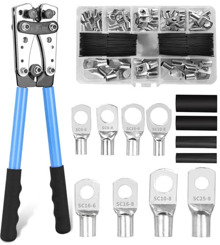 Batteriekabelschuh Crimpzange 10–1/0 AWG Groß Kabelschuh Zange 6/10/16/25/35/50 mm² mit 8 Größen 60 PCS Kupferringklemmen +80 PCS Schrumpfschläuche