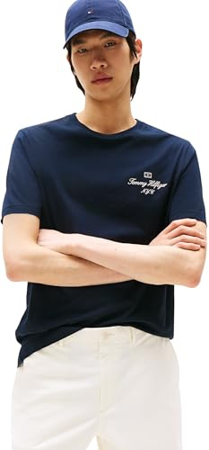 Tommy Hilfiger Camiseta de Manga Corta Hombre Outline Script tee Regular Fit, Azul (Desert Sky), XL