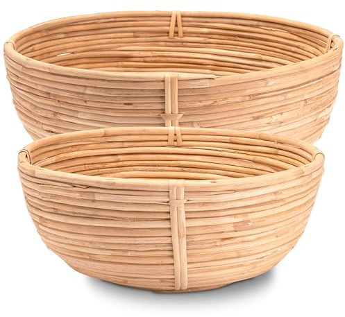 Decorasian Obstkorb geflochten rund aus Rattan - Obstschale groß - als Brotkorb BZW. Brötchenkorb oder Obstschale - Set 32cm + 28cm