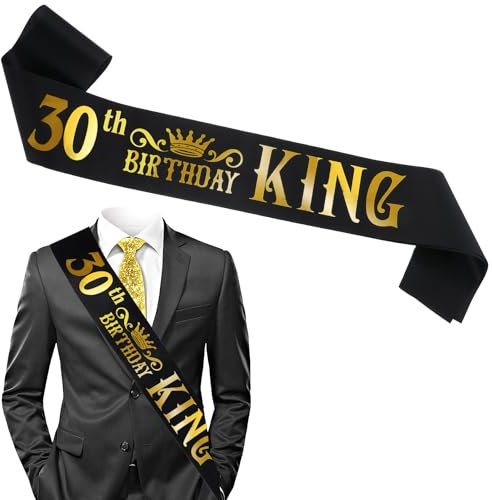 Écharpe d'anniversaire 30e anniversaire avec lettre dorée en satin noir - Écharpe d'anniversaire amusante pour homme - Décorations de 30e anniversaire - Cadeaux de fête