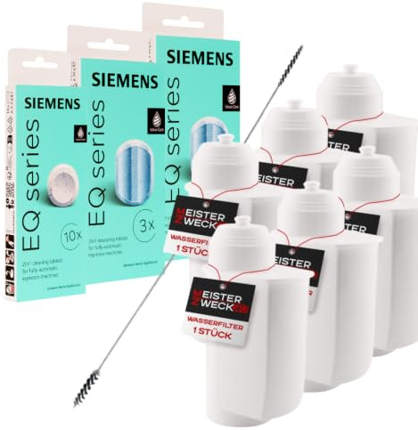 MEISTERZWECK4U Pflegeset Kaffeevollautomaten - 6x Wasserfilter, 2x Entkalkungstabletten, 1x Reinigungstabletten, Reinigungsbürste - Reinigungsset kompatibel mit Siemens, EQ Series, Supresso, Bosch