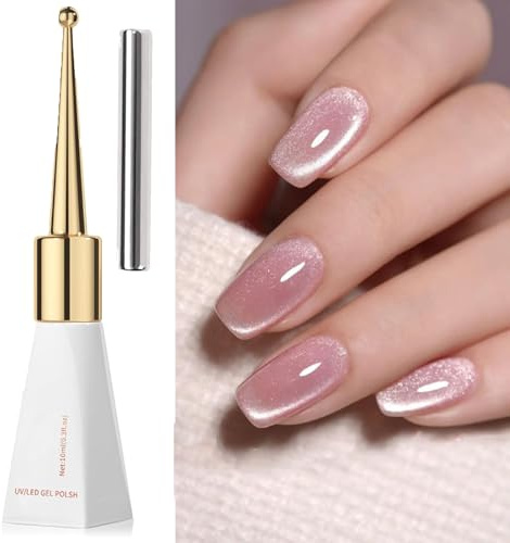 Cat Eye Gel Nail Polish, Jelly Nude Glitter Pink Magnetic Nail Polish with Magnet Soak-Off UV LED Holographic Sparkly Gel Polish for Nail Art Salon DIY Home