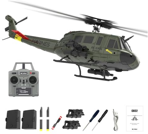 C032 RC Hubschrauber für Erwachsene, UH-1 6CH Military Scale Querruderloses Kunstflugflugzeug mit 2 Batterien Höhenhaltung Optische Strömungspositionierung, Geschenk für Militärbegeisterte(Green)