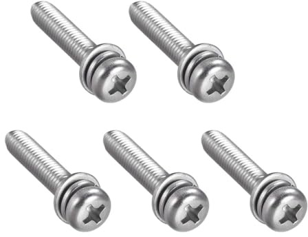 TA-VIGOR M5 Phillips Pan Head Bolt with Spring & Plain Washer 25mm 5pc | 304 Stainless Steel Cross Round Head Machine Screws for Heavy-duty Fastening for Wood, Metal, Plastic