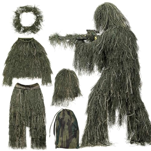 SETLUX Ghillie Suit for Men, 5 in 1 3D Camouflage Hunting Suits Camo Hunting Clothes for Adults, M/L/XL/XXL, Woodland or Desert Woodland-M/L