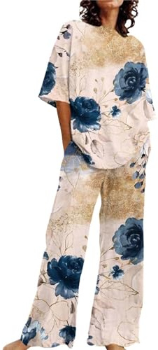 Uwdiohq Abiti Estivi per Donna 2 Set di Lino in Cotone T-Shirt Oversize Pantaloni A Gamba Dritta Tuta Taglie Forti Gonne Invernali (Khaki, XXXL) Pigiama Lungo XXL Curvy Pesante Caldo