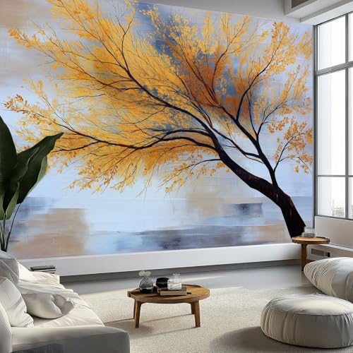 Automne Arbres Branches Textures Papier Peint Panoramique 200(L) x 140(H) cm, Papier Peint Intissé Poster Geant Mural Personnalisé Art Abstrait Peinture Murale Tv Pour Salon Chambre Décoration