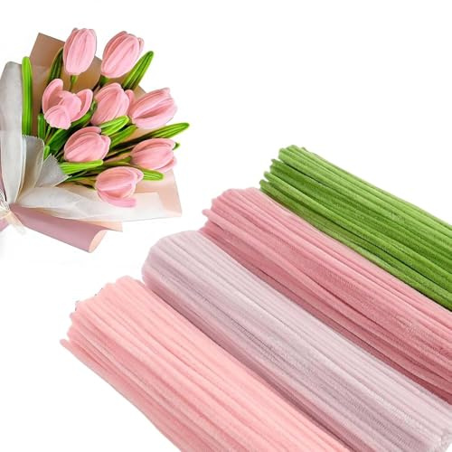 Juego de limpiadores de Pipas para Flores, Set de 400 limpiadores de Chenille en 4 Colores, 20 Varillas metálicas Verdes y 2 Rollos de Cinta Adhesiva, Manualidades y Flores DIY