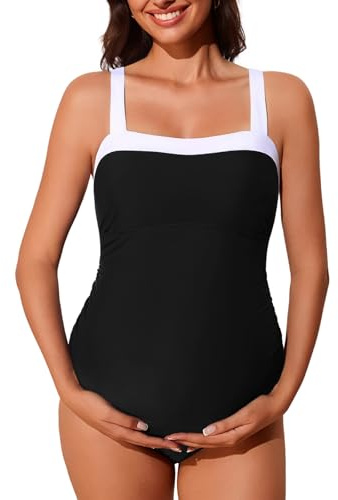 Summer Mae Maternity One Piece Swimsuit Color Block Bathing Suit for Women Retro Ruched Adjustable Pregnancy Swimwear Black 12