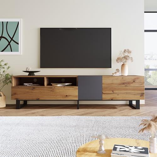 LAKFEW Mueble TV 180 cm de hasta 75 Pulgadas, Mueble para TV Muebles de Salon con 2 Puertas y 2 Cajones, Mueble Television Bajo Salon con 2 Compartimentos de Almacenaje, 180x38x50 cm, Roble+Antracita