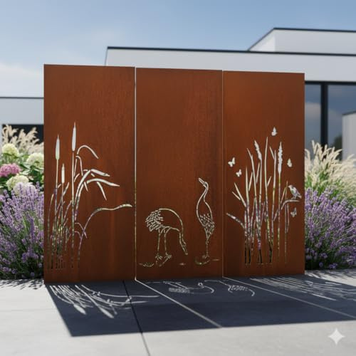 Zen Man Lot de 3 brise-vue de jardin en métal rouillé - 180 cm de hauteur - Élément brise-vue avec motif oiseaux