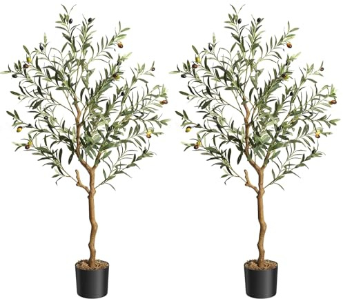 Lot de 2 120cm Grande Olivier Artificielle Réalistes,Arbre Artificiel Intérieur avec olives,Branche & Feuillage,sans Entretien,Fausse Plante/Plante Artificielle Décorative pour Salon,Bureau,Balcon