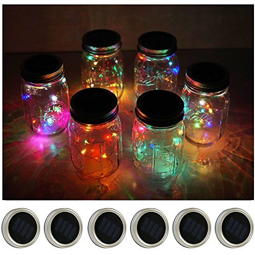 Solar Mason Jar Lights 6 Pack 10 LED Waterproof Fairy String Lights Firefly Jar Lids Lantern for Patio Garden Yard Lawn Party Wedding Christmas(Jars & Hangers Not Included) - 5 Colors Flicker