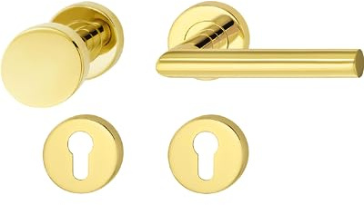 JUVA Drückergarnitur links Messing PVD-beschichtet [PZW-Wechselgarnitur] 1x Tür Beschläge Rund-Rosette I Türgriffe Innentüren I Türklinke Türstärke 35–47 mm | Türbeschlag mit Befestigungsmaterial