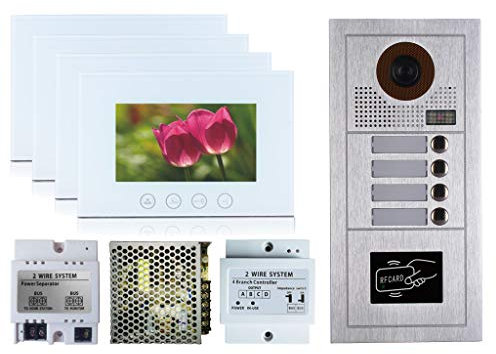 VIDEOCITOFONO 2 FILI 1 2 3 4 MONITOR LCD TOUCH FAMILIARE BIFAMILIARE CONDOMINIALE TELECAMERA (Kit Quadrifamiliare Completo Bianco)