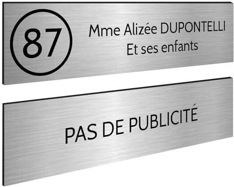 DECOHO - Plaque Boite aux Lettres Personnalisable - Lot de 2 plaques adhésives en Plastique Argent-Noir - Format 100x25 mm, Gravure Laser - Argent