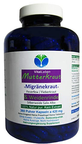 MUTTERKRAUT + WEIDENRINDE 360 Kapseln [Migränekraut Feverfew Fieberkraut] - Frauen Universalmittel nach Hildegard von Bingen. 100% NATUR pur [OHNE ZUSATZSTOFFE] 26685-360