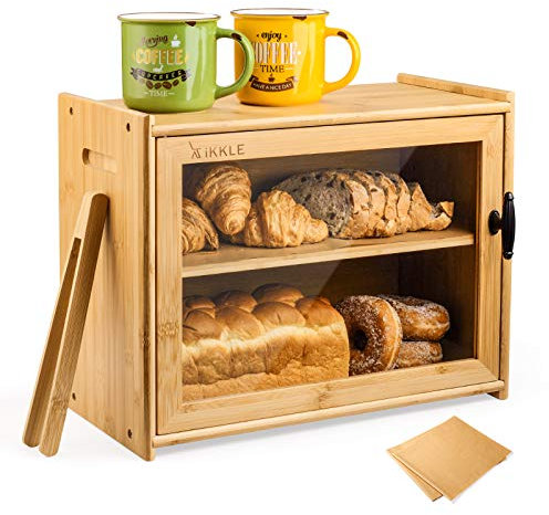 Brotkasten Bambus Brotbehälter 2-Lagiger Brotbox Brotkästen , Visualisiert für Brot, Röstbrot, 40x31x20(LxBxH)cm, Natur Bambus