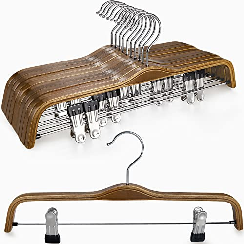 TOPIA HANGER Wooden Pants Hangers,Slim Natural Wood Skirt Hangers with Anti-Rust Hook and Adjustable Metal Clips, Perfect for Skirts,Pants,Slacks-10 Pack-CT17A