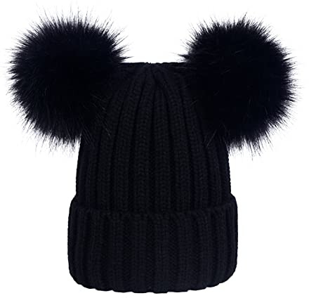 DAIHAN Wintermütze Warme Strickmütze Damen Mütze mit Kunstpelz 2 Bommeln Beanies Bommelmütze Pudelmütze Feinstrick Mütze Gefüttert Fleece Strick Beanie