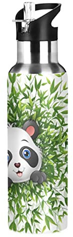 Panda Bambus Blatt Weiß Wasserflasche Trinkflasche mit Strohhalmdeckel Auslaufsicher Isolierte Edelstahl Thermosflasche für Jungen Mädchen Gym Sport 600ml