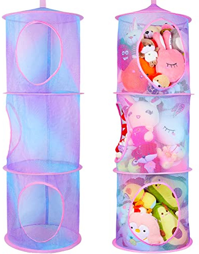 Basumee Hanging Stuffed Animals Storage, 2 Pack Mesh Plush Storage, 3-Tier