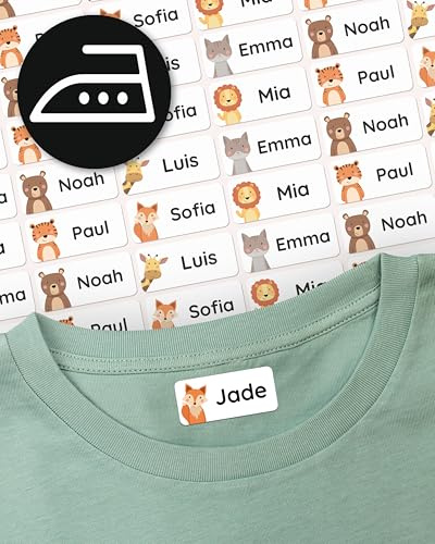 melu kids® Namensschilder für Kleidung zum Aufbügeln (60 Stk, Weiß) | Kinder Bügeletiketten mit Namen Waschmaschinenfest und Personalisiert, Namensaufkleber für Kleidung