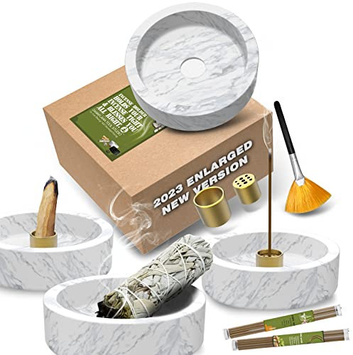 Räucherstäbchen Halter Marmor Räuchergefäß - 2023 Aufgerüstet Groß räucherstäbchenhalter für Räucherkegel Palo Santo Räucherkegel Räucheraschenfänger mit Räucherstäbchen als Geschenk (Weiß Grau)
