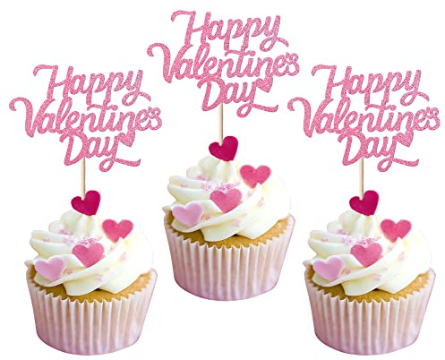 24 Stück Happy Valentine's Day Kuchen Topper mit Lippen Liebe Herz Valentine Kuchen Picks Valentinstag Kuchen Dekorationen für Valentinstag Thema Hochzeit Geburtstag Party Kuchen Dekorationen Pink