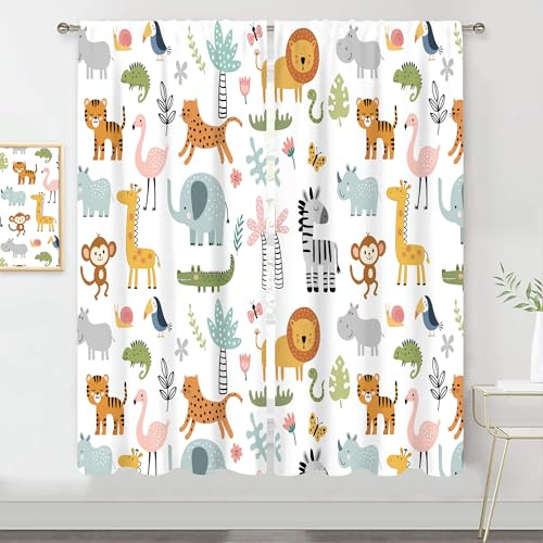 MESHELLY Kids Safari Animal Curtains 42Wx63H Inch Rod Pocket Nursery Baby Boy Bedroom Decor Cartoon Lion Jungle Woodland Wildlife Toddler Girl Children Living Room Window Drapes Fabric