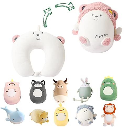JOYRAVO Coussin de Voyage 2-en-1 pour Enfants - Peluche de Dinosaure Convertible en Oreiller Cervical en Forme de U pour Un Confort Optimal Pendant Les Voyages (Avion, Voiture, Train, Bus) - Ours