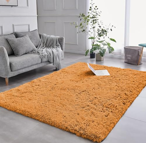AMEHA Super Weich Flauschiger Shaggy Teppich - Modern Ocker Area Teppich für Wohnzimmer und Schlafzimmer - Rutschfest, Shaggy Flor und fusselfrei, leicht abwaschbar (Ocker, 80x150 cm)
