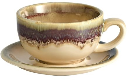 Coffeezone Vintage Design 12 oz Ceramic Latte Art Cappuccino Barista Cup with Saucer (Brown)